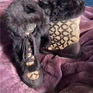 Coach Fur-Lined Boots with Signature Patterned - “Jennie” Brown Size 6 B